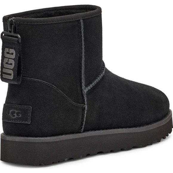 NIB UGG WOMEN'S MINI ZIP LOGO SUEDE‎ SHEARLING BOOTS BLACK - Picture 3 of 11